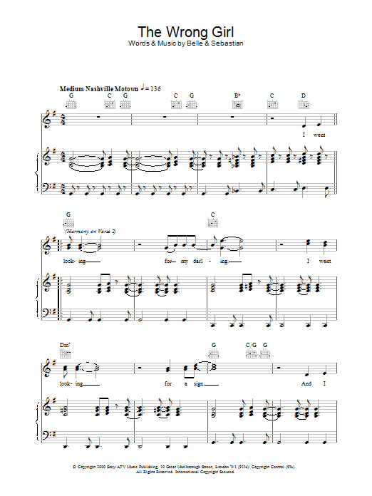 Belle And Sebastian The Wrong Girl Sheet Music Notes & Chords for Piano, Vocal & Guitar - Download or Print PDF