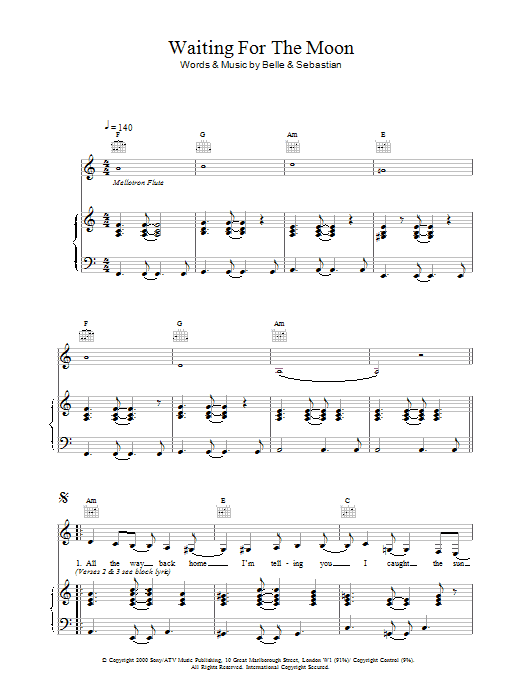 Belle And Sebastian Waiting For The Moon Sheet Music Notes & Chords for Piano, Vocal & Guitar - Download or Print PDF