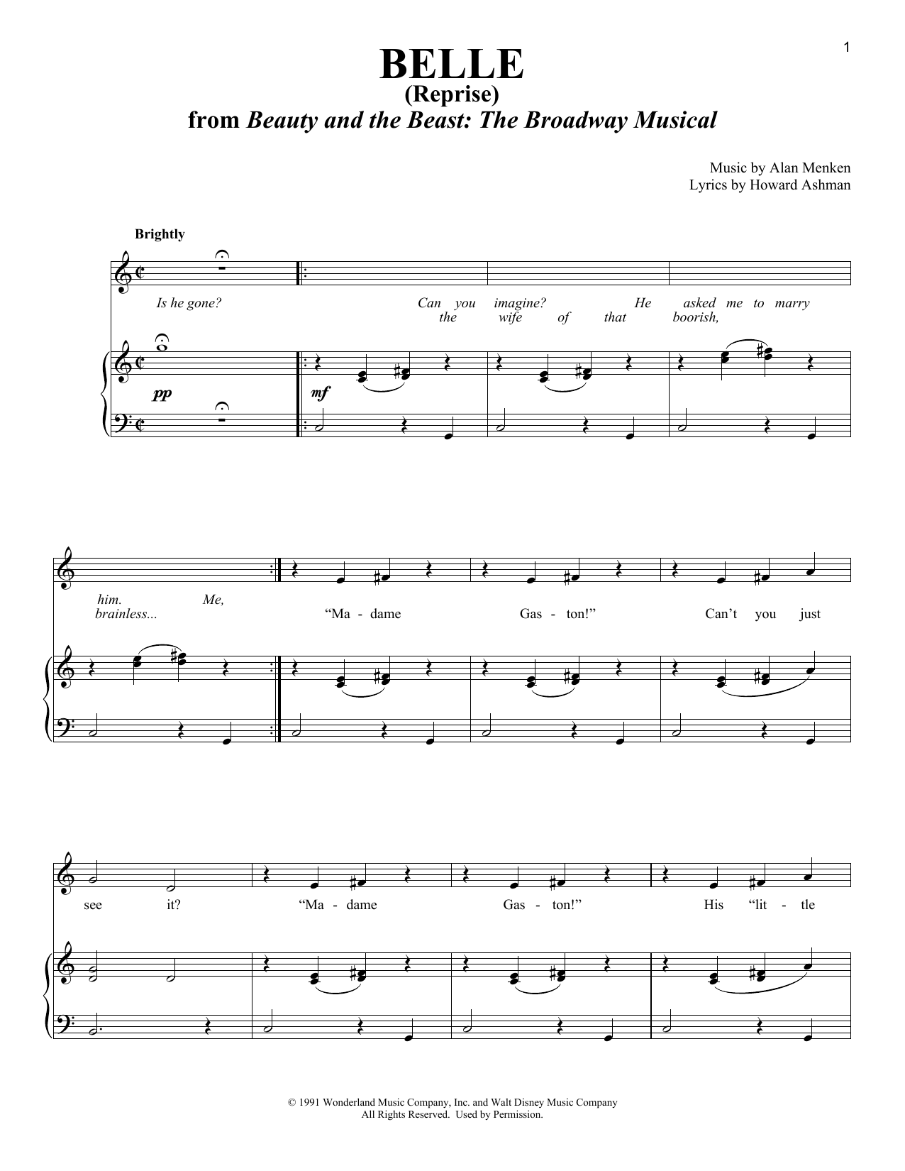 Alan Menken Belle Reprise From Beauty And The Beast Sheet Music Download Pdf Score 161137