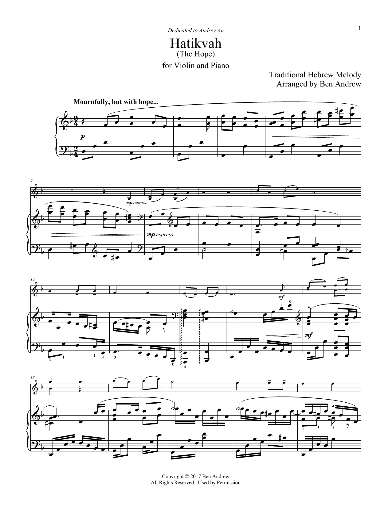 Ben Andrew Hatikvah (The Hope) Sheet Music Notes & Chords for Violin and Piano - Download or Print PDF