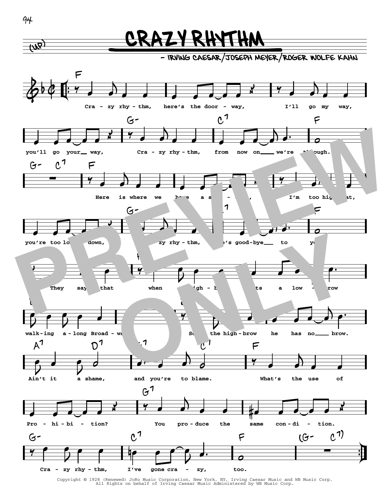 Ben Bernie Crazy Rhythm (arr. Robert Rawlins) Sheet Music Notes & Chords for Real Book – Melody, Lyrics & Chords - Download or Print PDF