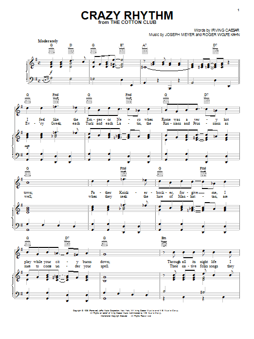 Ben Bernie Crazy Rhythm Sheet Music Notes & Chords for Piano, Vocal & Guitar (Right-Hand Melody) - Download or Print PDF