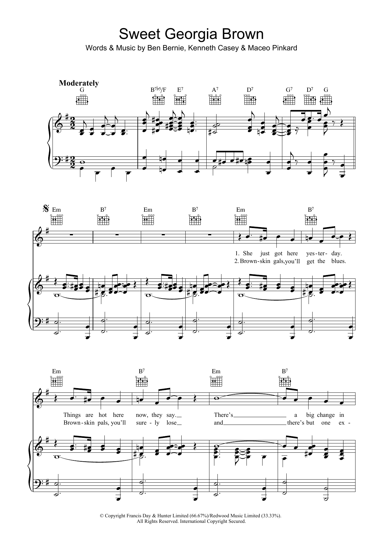 Ben Bernie Sweet Georgia Brown Sheet Music Notes & Chords for Piano, Vocal & Guitar (Right-Hand Melody) - Download or Print PDF