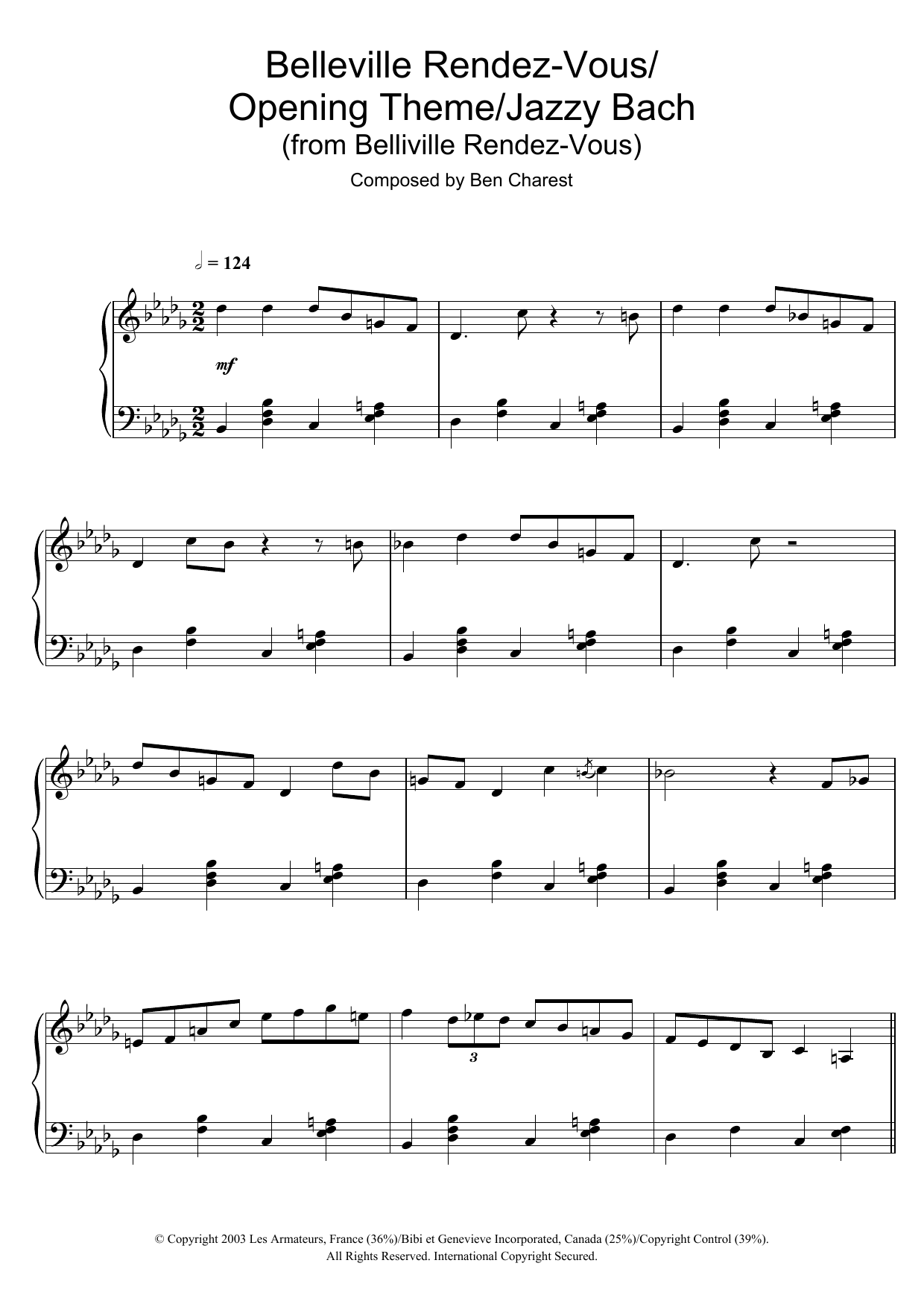 Ben Charest Belleville Rendez-Vous (Belleville Rendez-Vous/Opening Theme/Jazzy Bach) Sheet Music Notes & Chords for Piano - Download or Print PDF