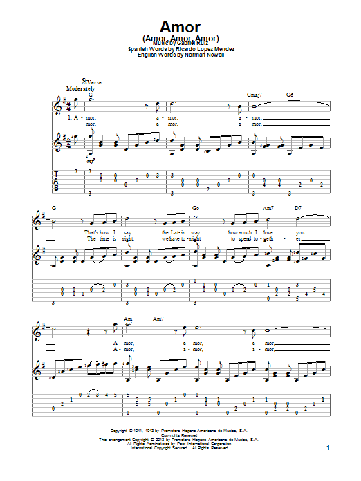 Ben E. King Amor (Amor, Amor, Amor) Sheet Music Notes & Chords for Guitar Tab - Download or Print PDF
