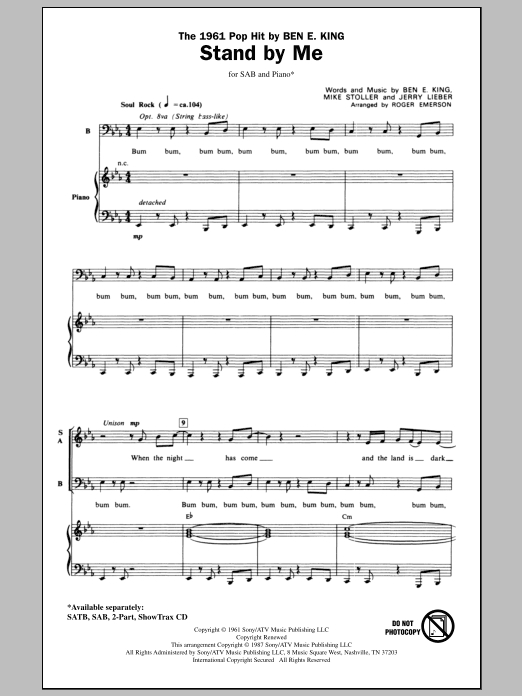 Ben E. King Stand By Me (arr. Roger Emerson) Sheet Music Notes & Chords for SAB - Download or Print PDF