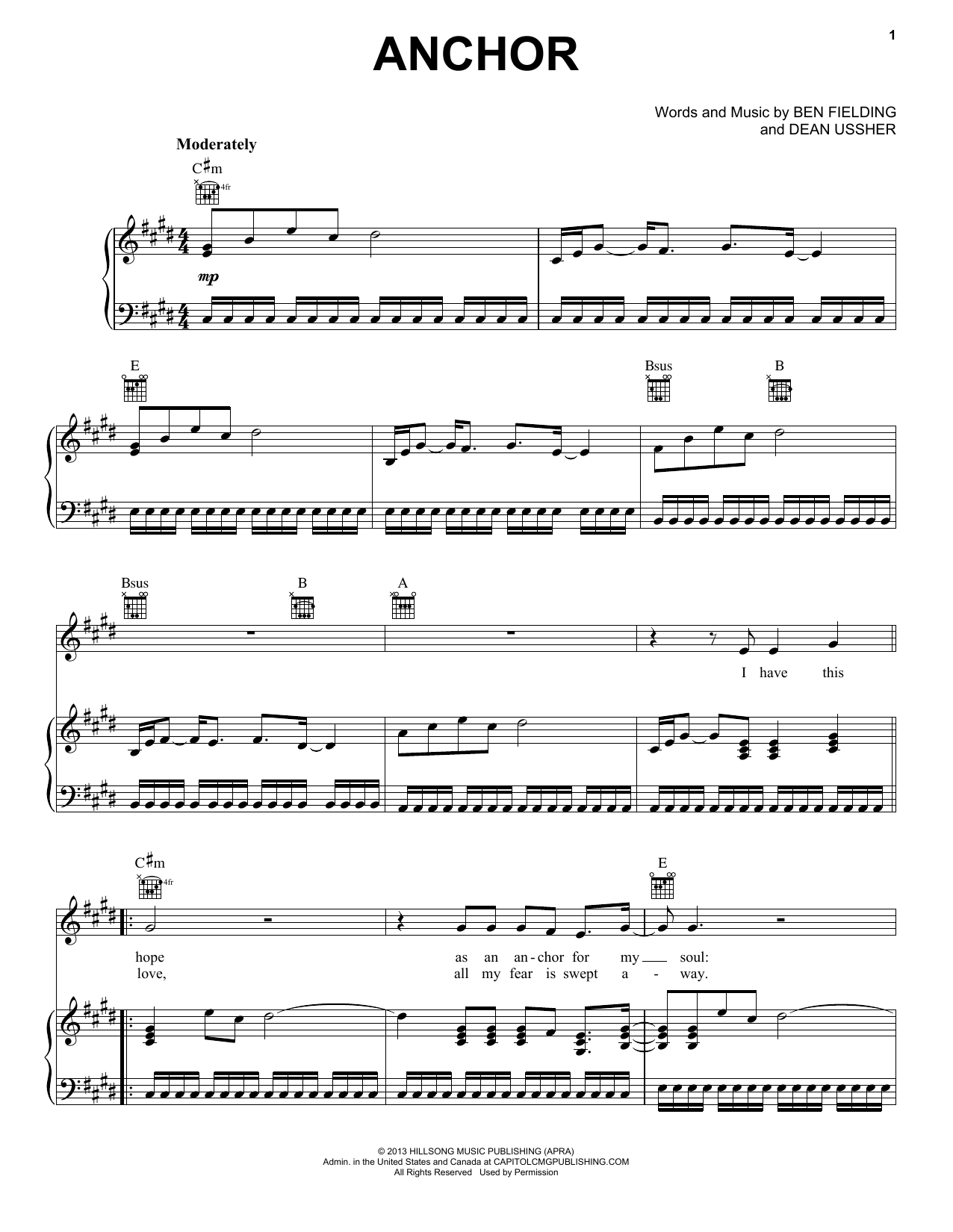 Ben Fielding & Dean Ussher Anchor Sheet Music Notes & Chords for Piano, Vocal & Guitar (Right-Hand Melody) - Download or Print PDF