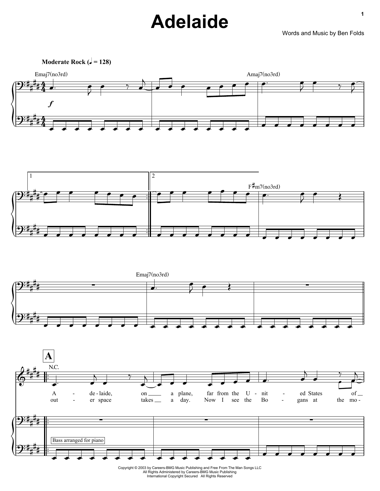 Ben Folds Adelaide Sheet Music Notes & Chords for Keyboard Transcription - Download or Print PDF