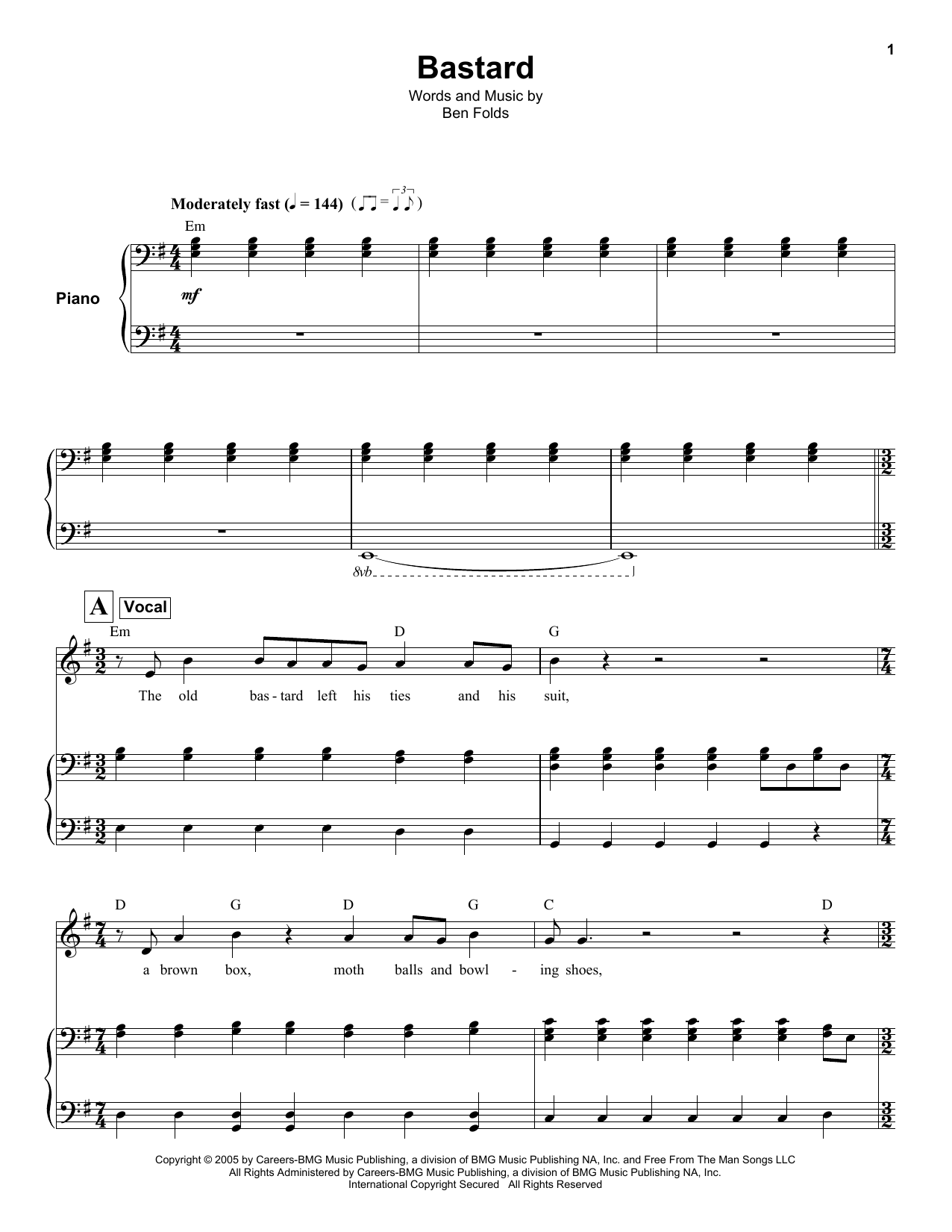 Ben Folds Bastard Sheet Music Notes & Chords for Keyboard Transcription - Download or Print PDF
