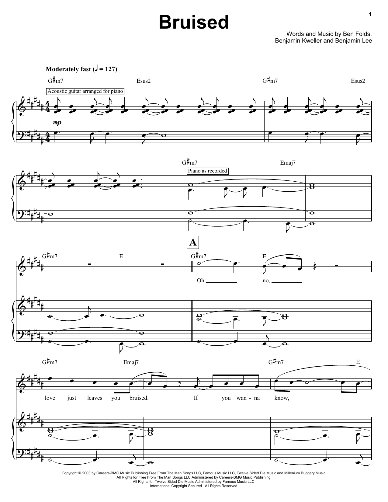 Ben Folds Bruised Sheet Music Notes & Chords for Keyboard Transcription - Download or Print PDF
