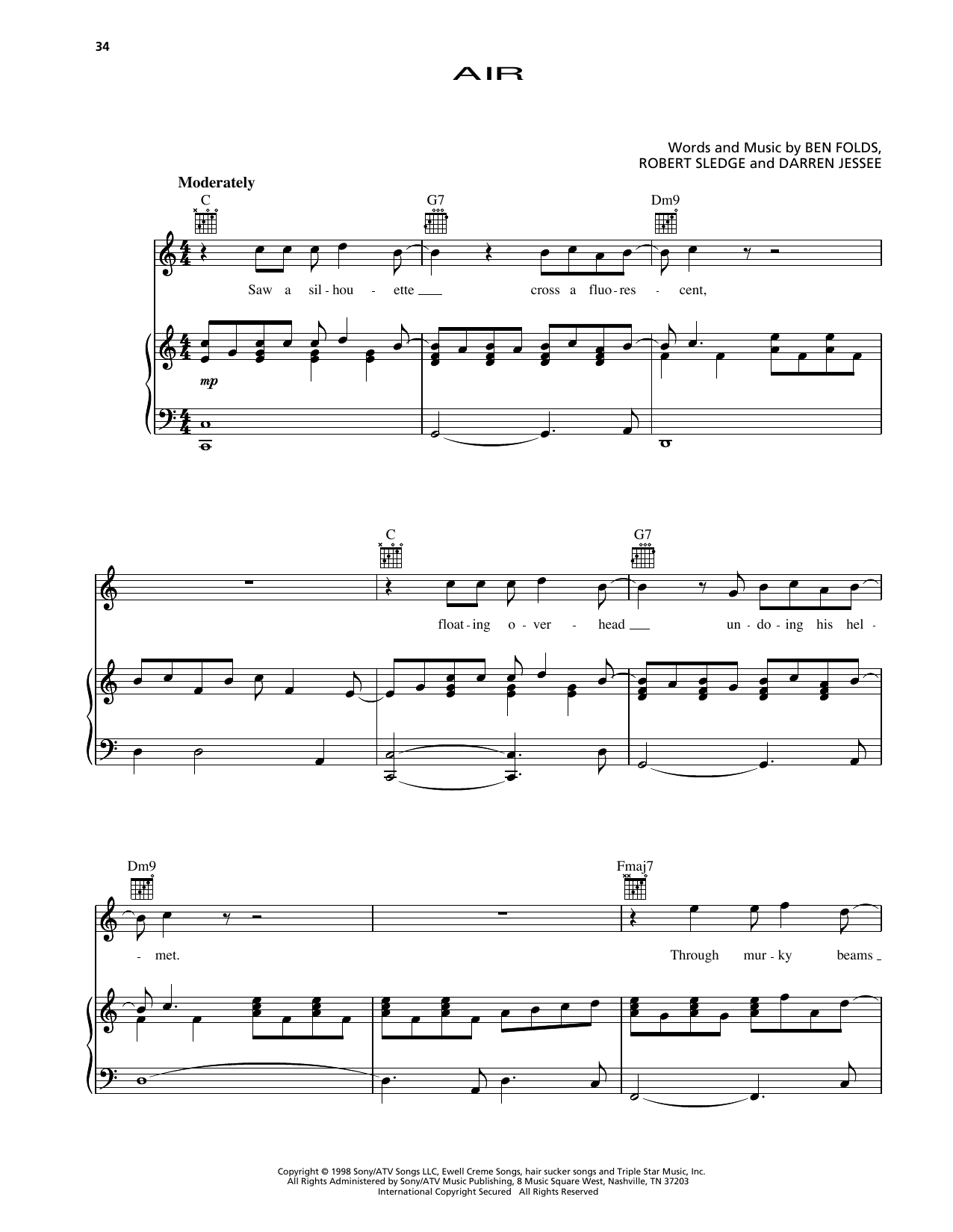 Ben Folds Five Air Sheet Music Notes & Chords for Piano, Vocal & Guitar Chords (Right-Hand Melody) - Download or Print PDF