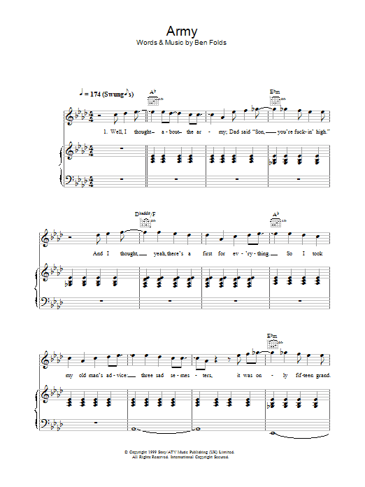 Ben Folds Five Army Sheet Music Notes & Chords for Piano, Vocal & Guitar - Download or Print PDF