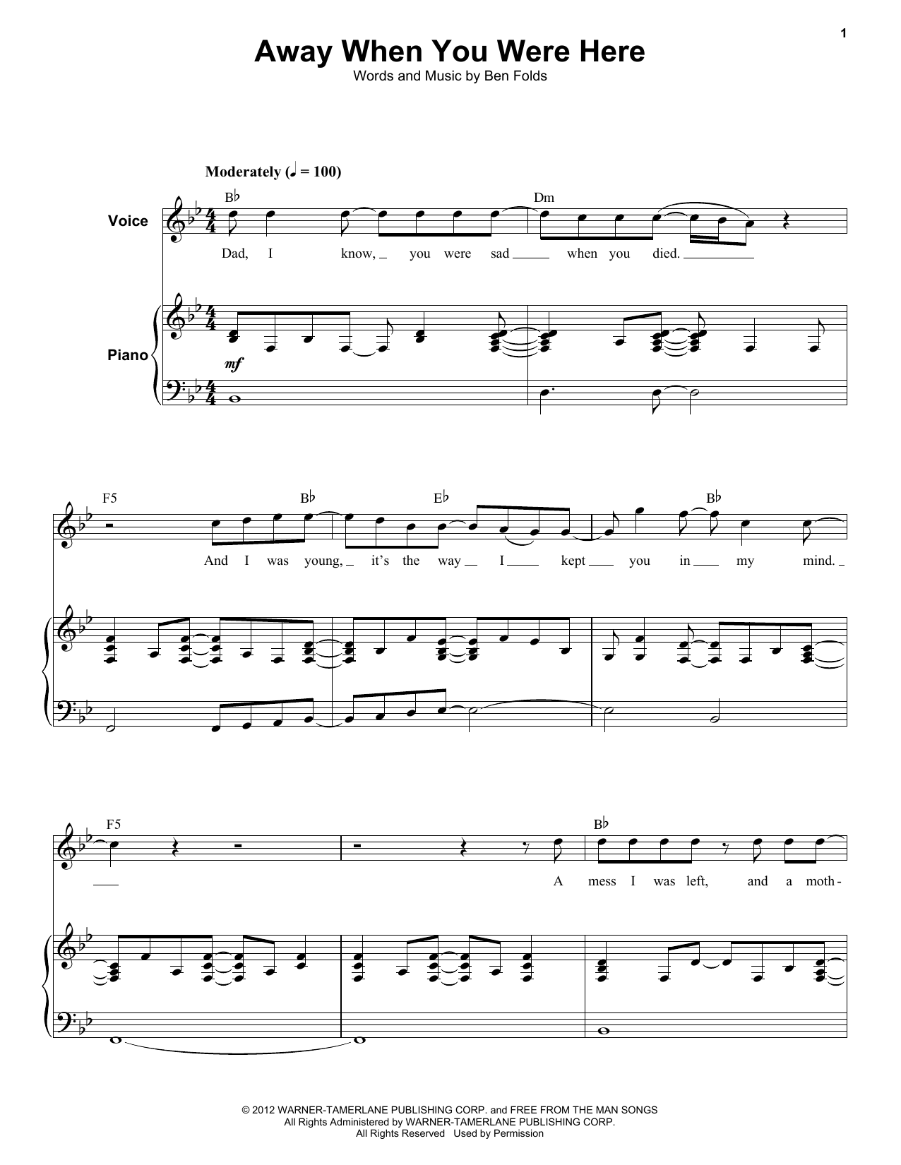 Ben Folds Five Away When You Were Here Sheet Music Notes & Chords for Keyboard Transcription - Download or Print PDF