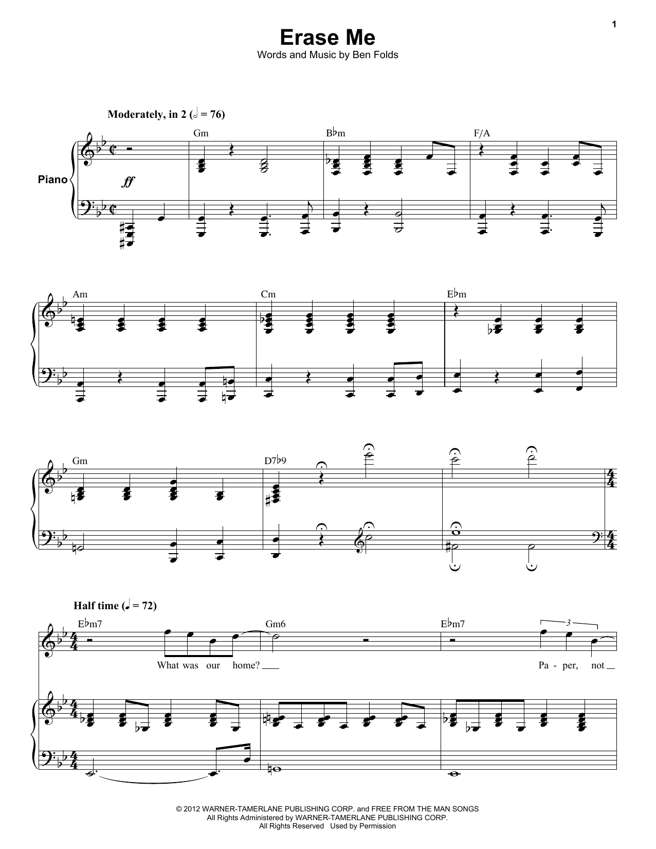 Ben Folds Five Erase Me Sheet Music Notes & Chords for Keyboard Transcription - Download or Print PDF