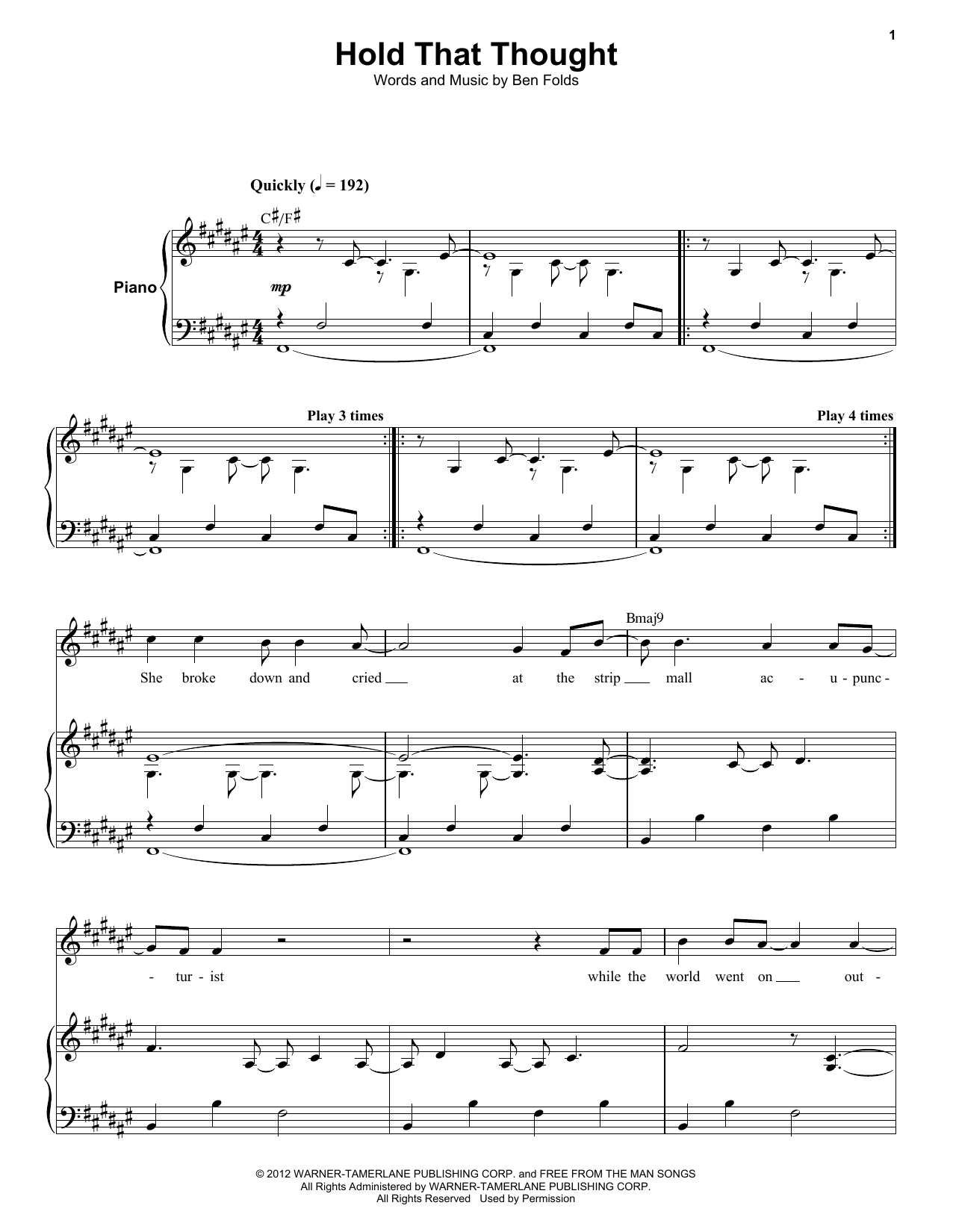 Ben Folds Five Hold That Thought Sheet Music Notes & Chords for Keyboard Transcription - Download or Print PDF