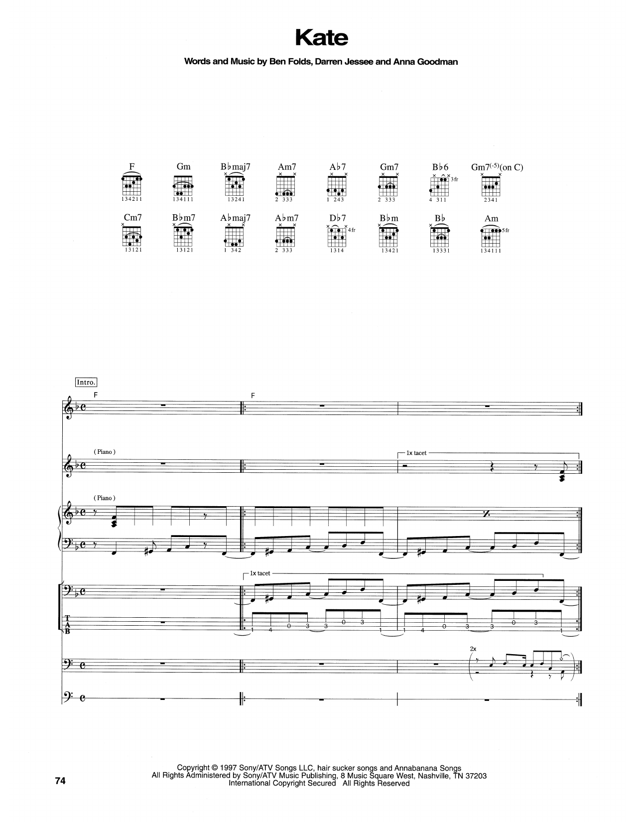 Ben Folds Five Kate Sheet Music Notes & Chords for Transcribed Score - Download or Print PDF