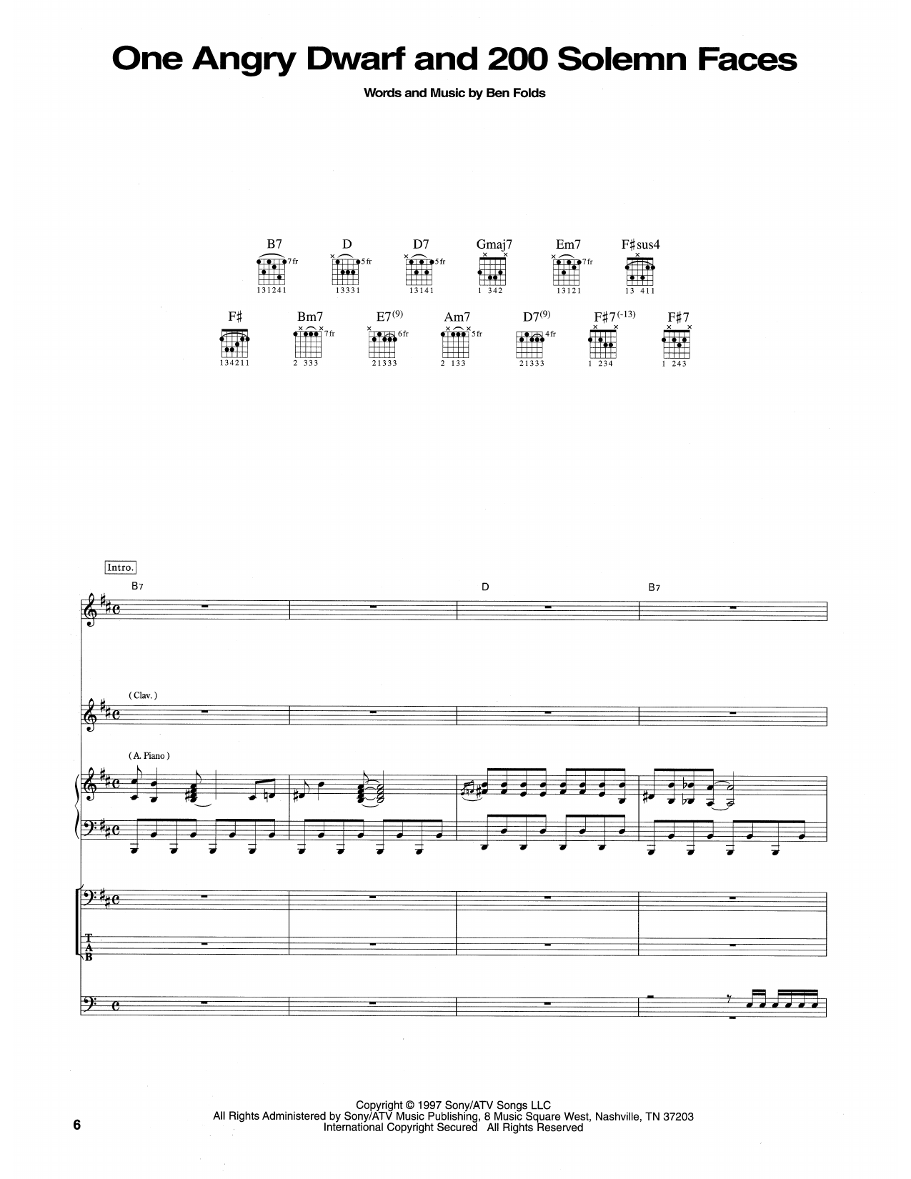 Ben Folds Five One Angry Dwarf and 200 Solemn Faces Sheet Music Notes & Chords for Transcribed Score - Download or Print PDF