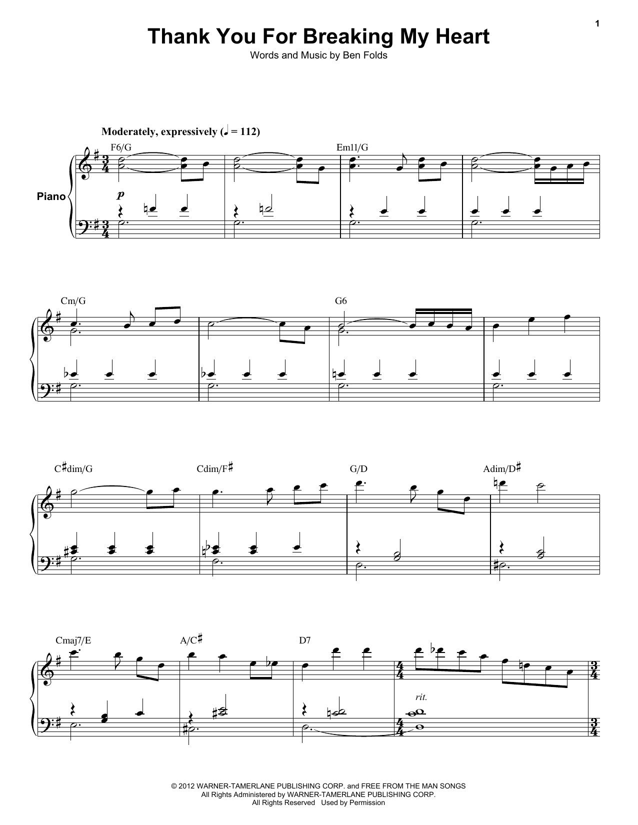 Ben Folds Five Thank You For Breaking My Heart Sheet Music Notes & Chords for Keyboard Transcription - Download or Print PDF