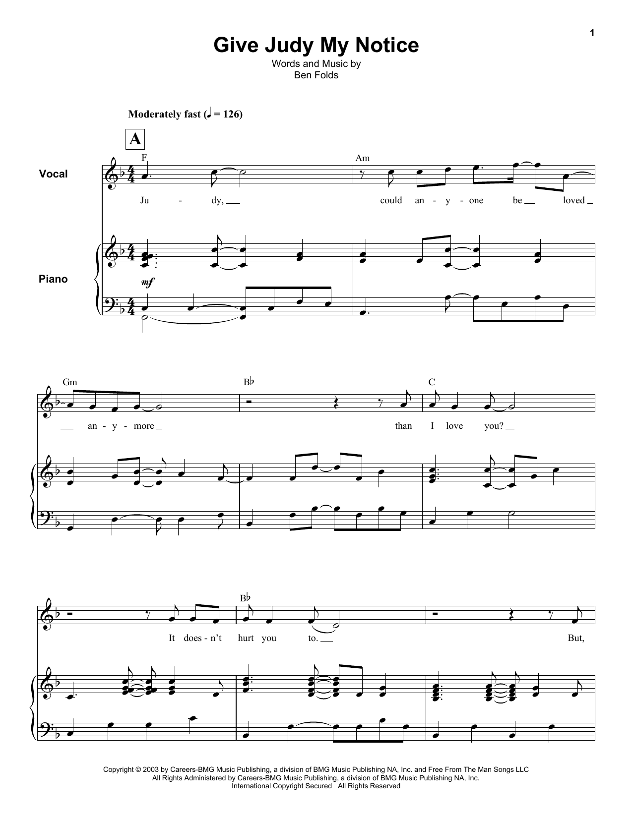 Ben Folds Give Judy My Notice Sheet Music Notes & Chords for Keyboard Transcription - Download or Print PDF