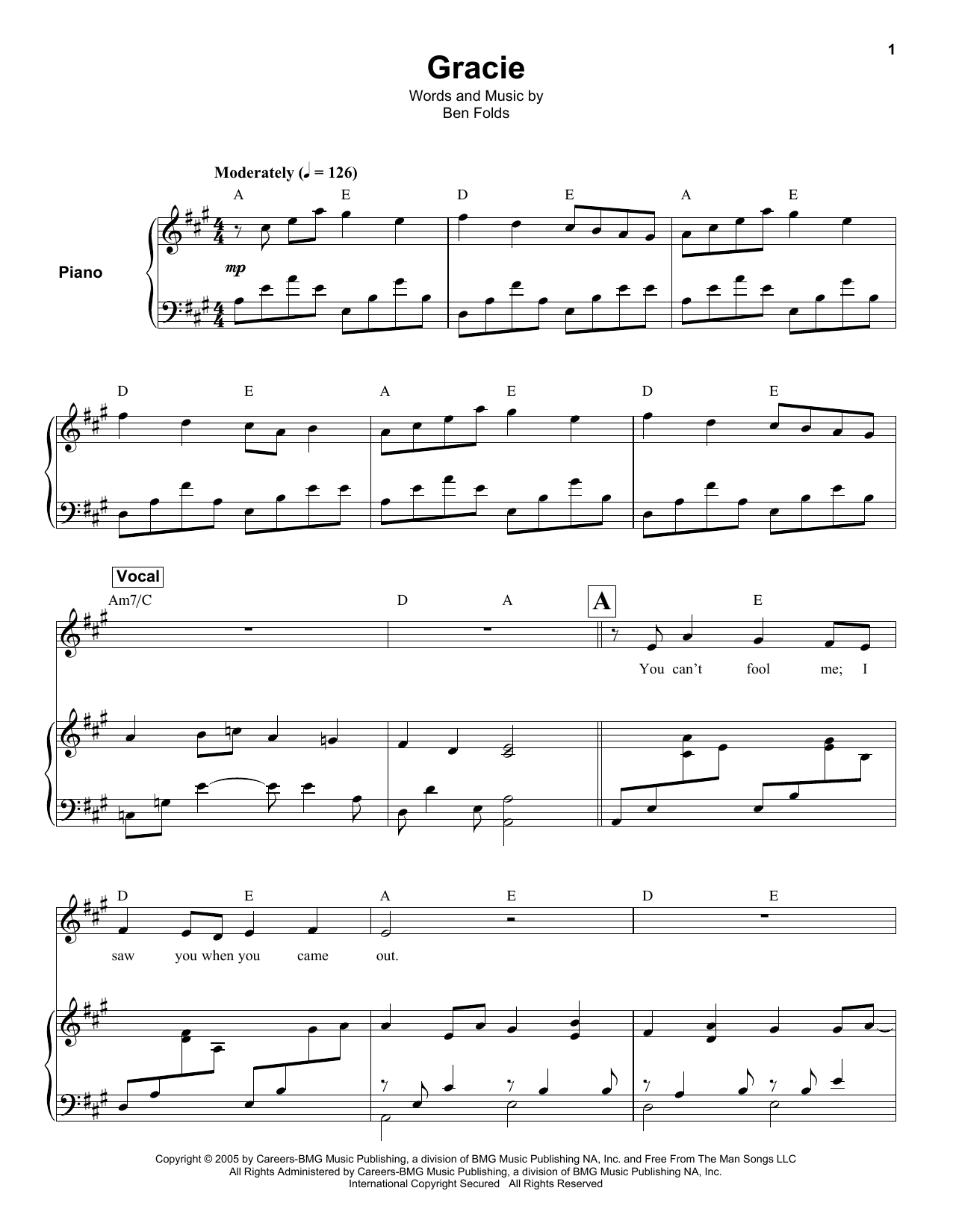 Ben Folds Gracie Sheet Music Notes & Chords for Keyboard Transcription - Download or Print PDF