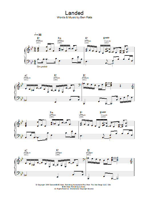 Ben Folds Landed Sheet Music Notes & Chords for Piano, Vocal & Guitar (Right-Hand Melody) - Download or Print PDF