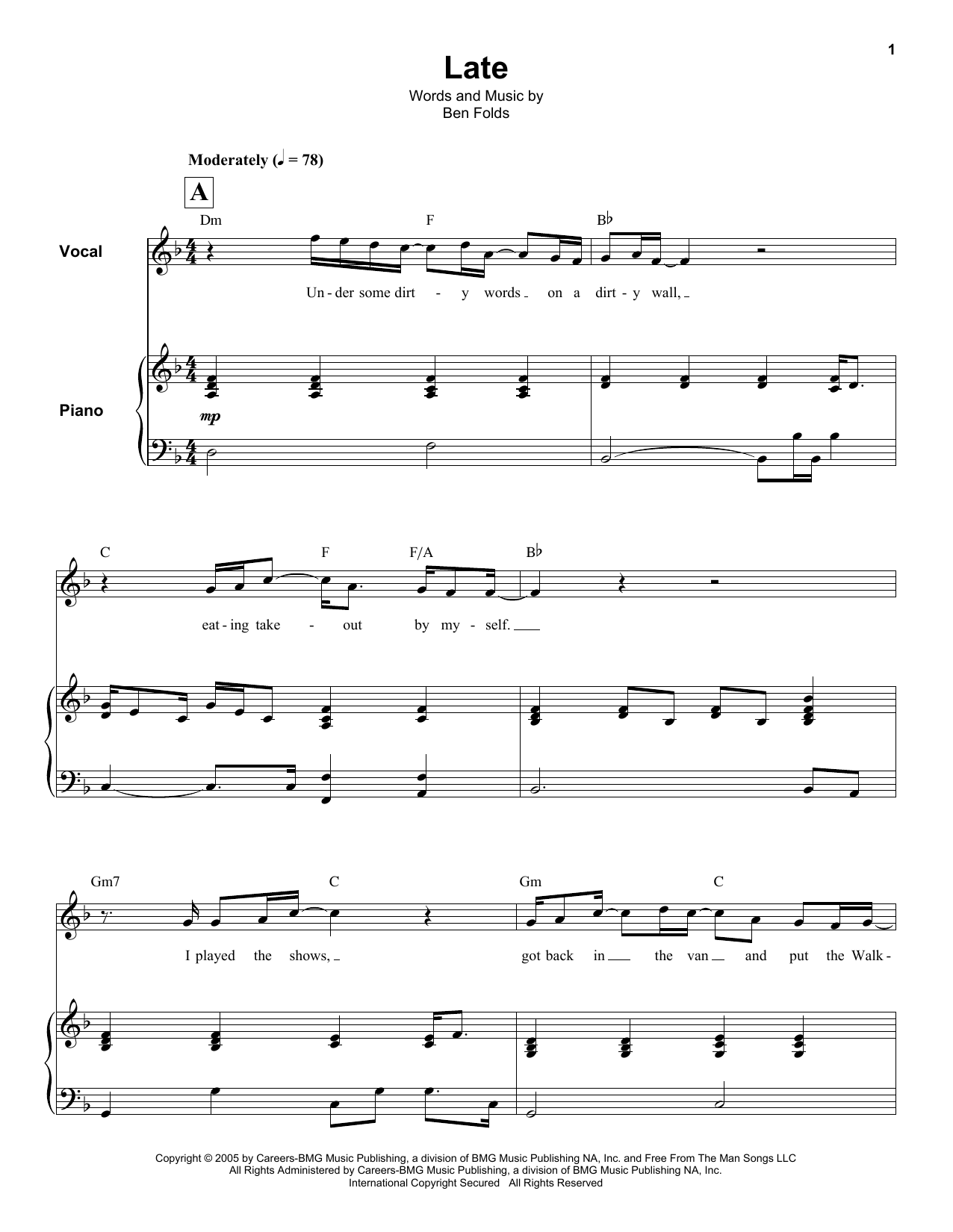 Ben Folds Late Sheet Music Notes & Chords for Keyboard Transcription - Download or Print PDF