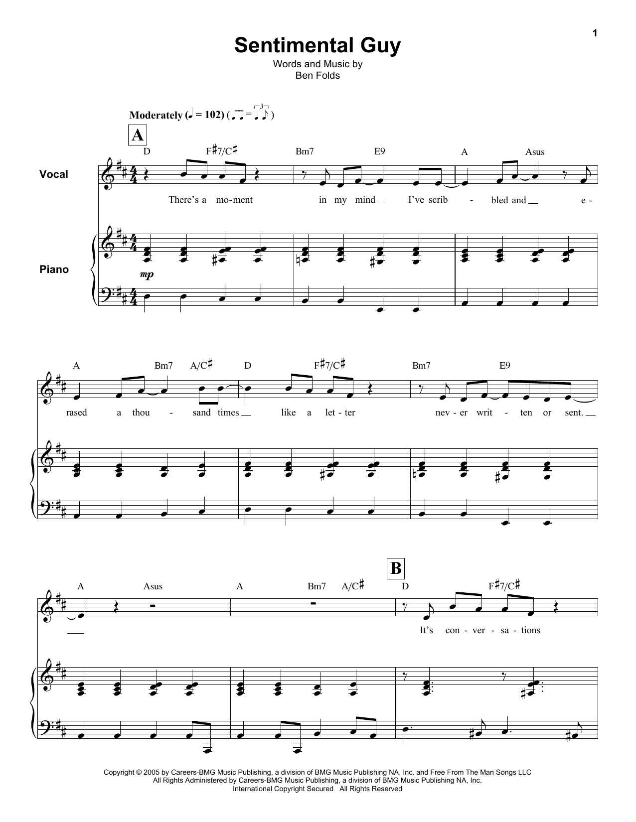 Ben Folds Sentimental Guy Sheet Music Notes & Chords for Keyboard Transcription - Download or Print PDF