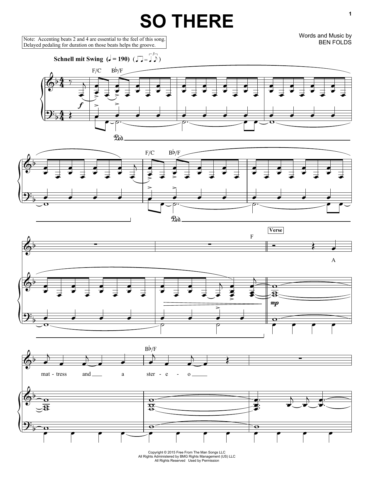 Ben Folds So There Sheet Music Notes & Chords for Piano & Vocal - Download or Print PDF
