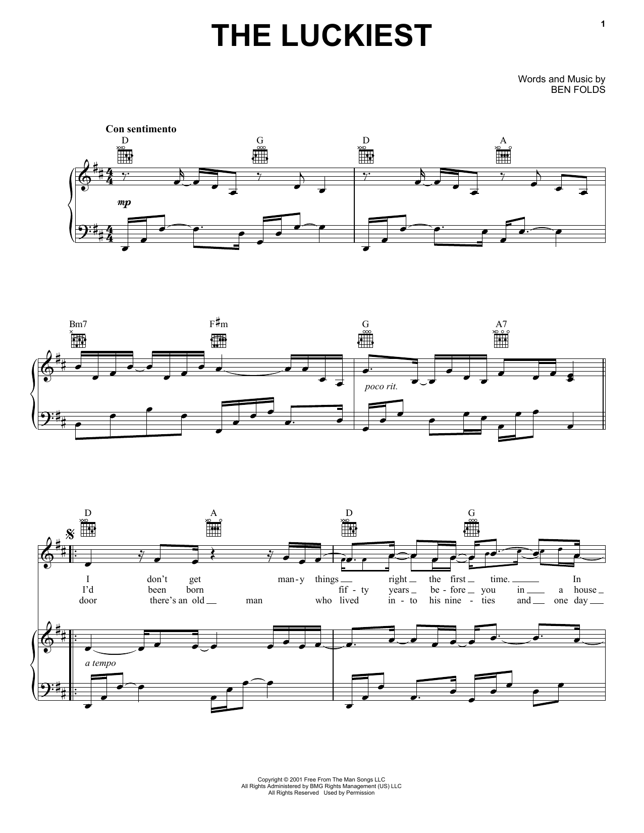 Ben Folds The Luckiest Sheet Music Notes & Chords for Melody Line, Lyrics & Chords - Download or Print PDF