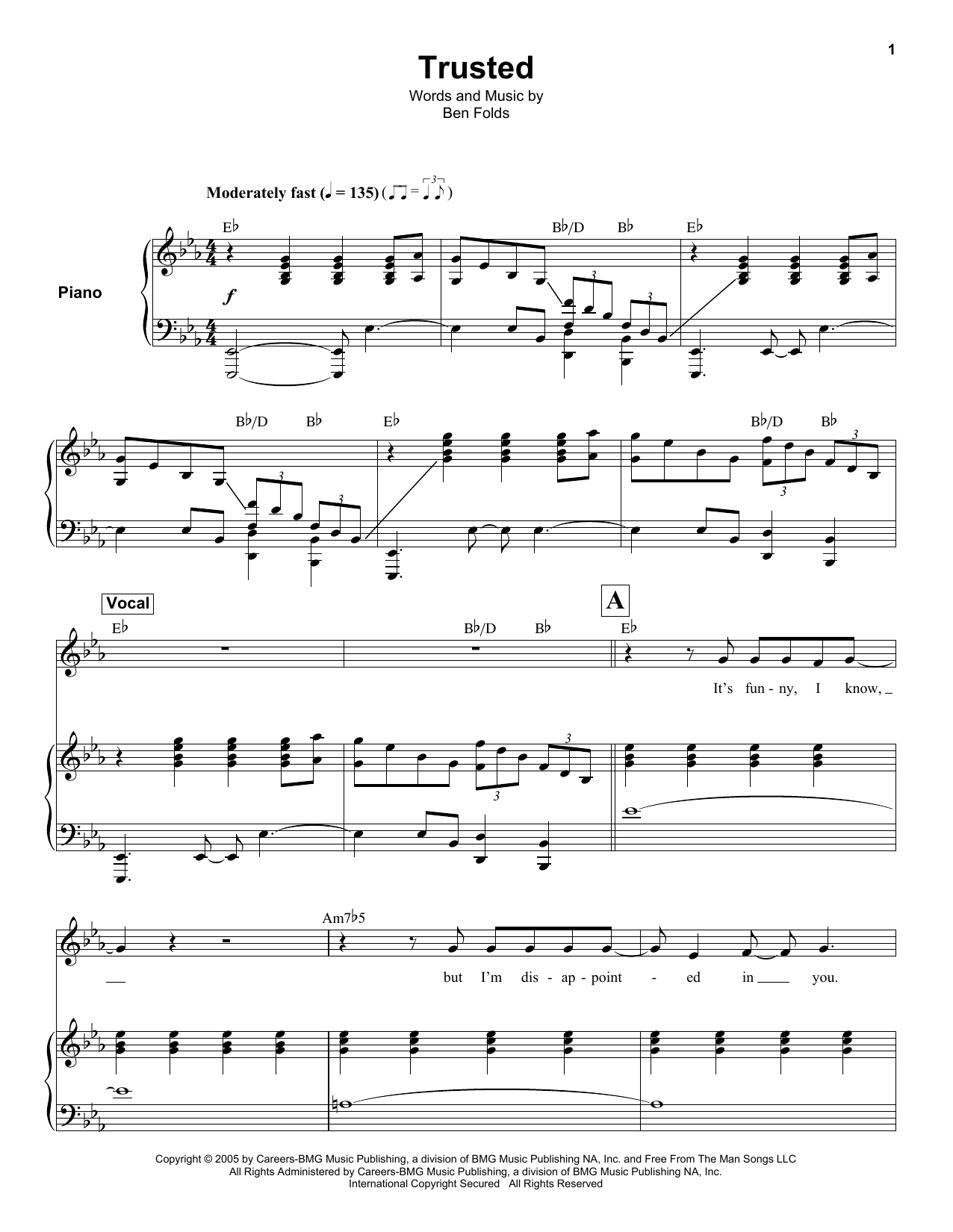 Ben Folds Trusted Sheet Music Notes & Chords for Keyboard Transcription - Download or Print PDF