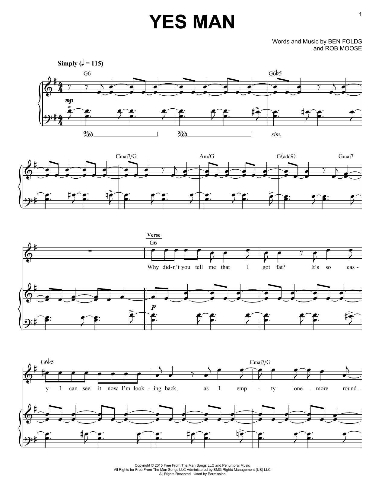Ben Folds Yes Man Sheet Music Notes & Chords for Piano & Vocal - Download or Print PDF