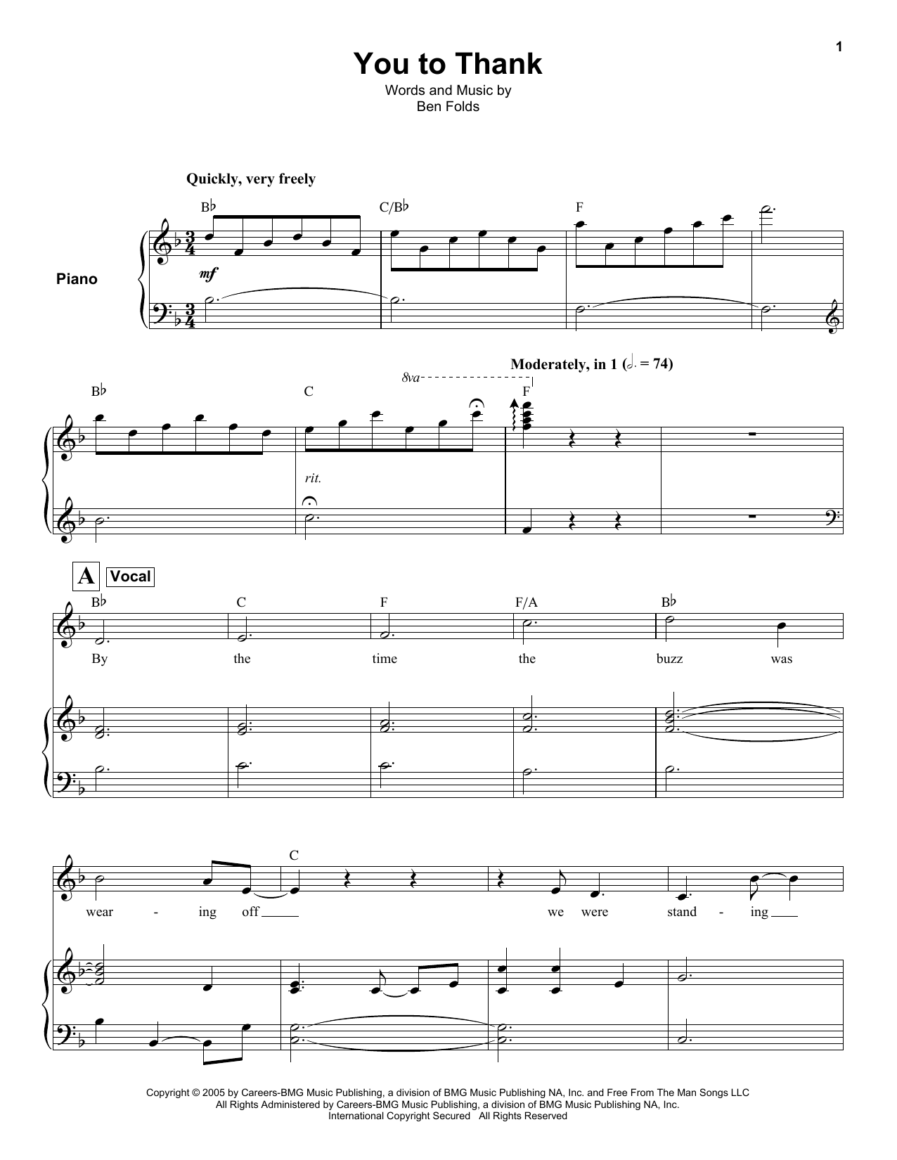 Ben Folds You To Thank Sheet Music Notes & Chords for Keyboard Transcription - Download or Print PDF