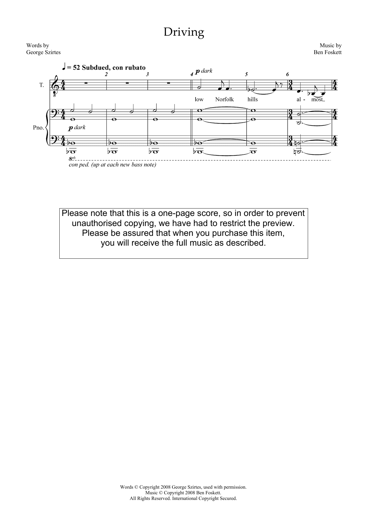 Ben Foskett Driving (for tenor and piano) Sheet Music Notes & Chords for Piano & Vocal - Download or Print PDF