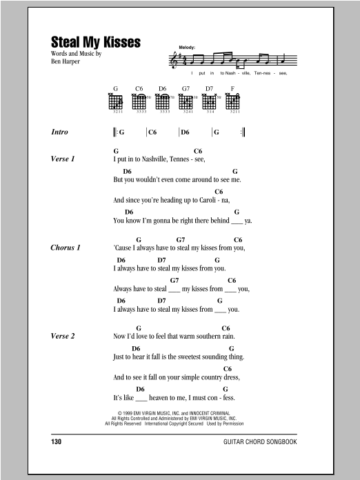 Ben Harper And The Innocent Criminals Steal My Kisses Sheet Music Notes & Chords for Lyrics & Chords - Download or Print PDF