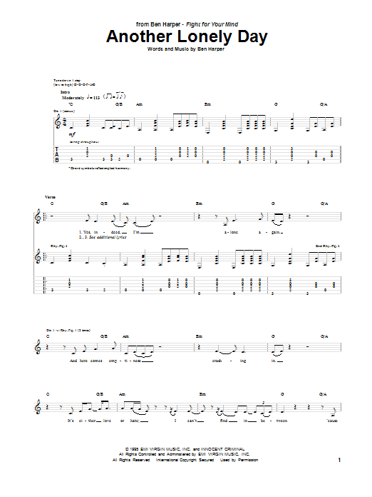 Ben Harper Another Lonely Day Sheet Music Notes & Chords for Guitar Tab - Download or Print PDF