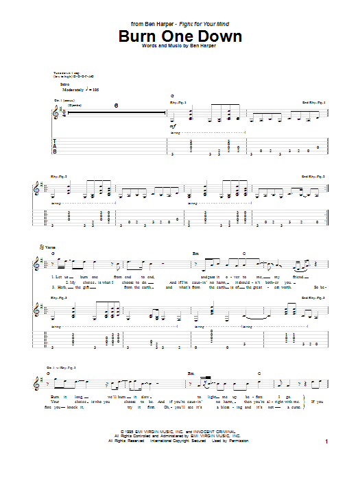Ben Harper Burn One Down Sheet Music Notes & Chords for Lyrics & Chords - Download or Print PDF