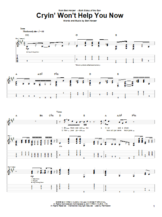 Ben Harper Cryin' Won't Help You Sheet Music Notes & Chords for Guitar Tab - Download or Print PDF