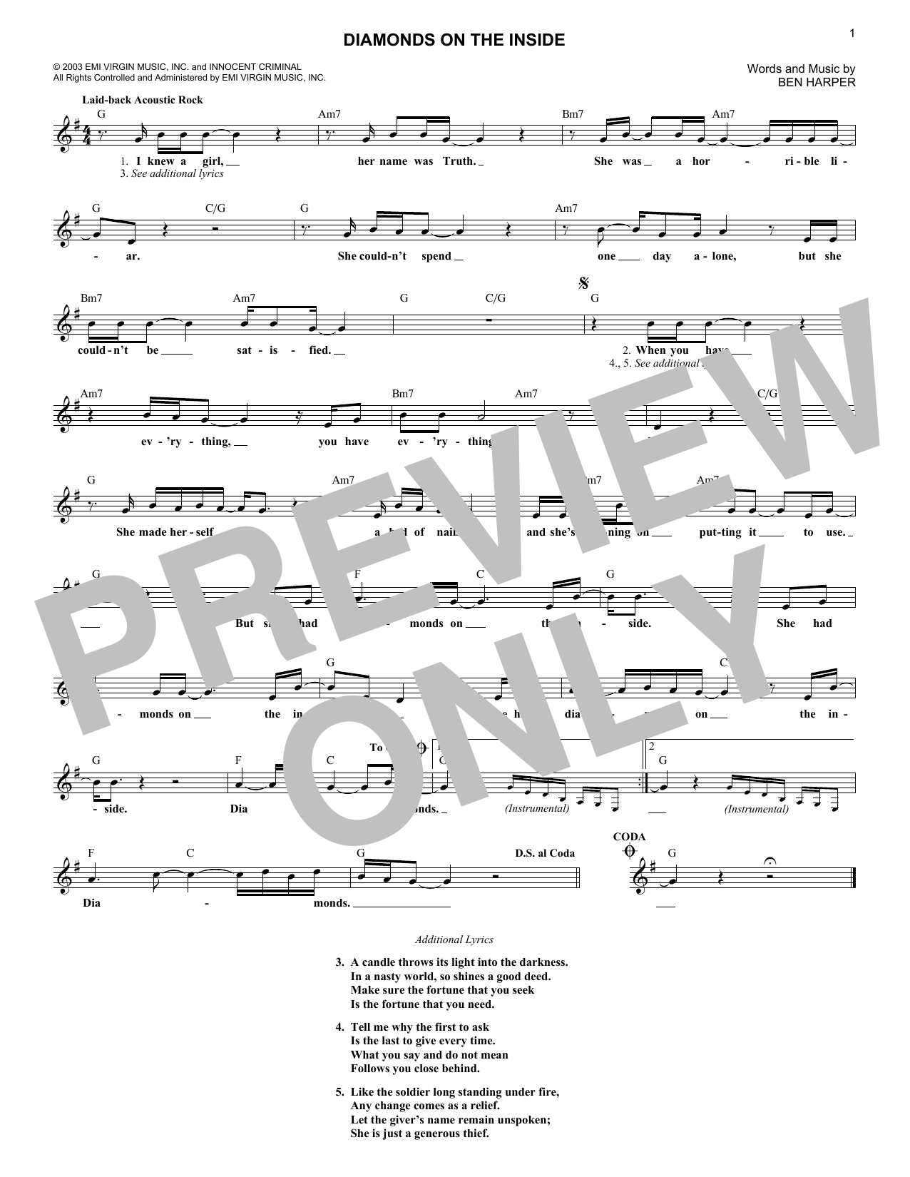 Ben Harper Diamonds On The Inside Sheet Music Notes & Chords for Lead Sheet / Fake Book - Download or Print PDF