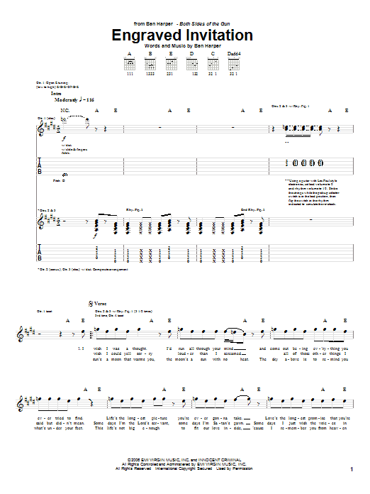 Ben Harper Engraved Invitation Sheet Music Notes & Chords for Guitar Tab - Download or Print PDF