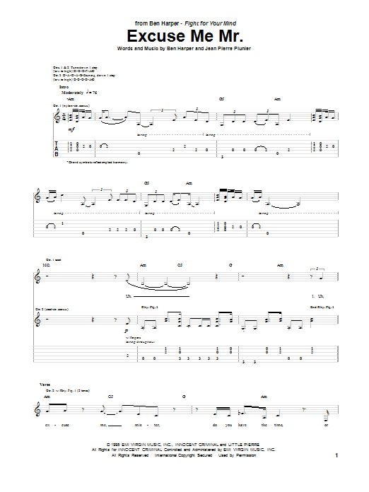 Ben Harper Excuse Me Mr. Sheet Music Notes & Chords for Guitar Tab - Download or Print PDF