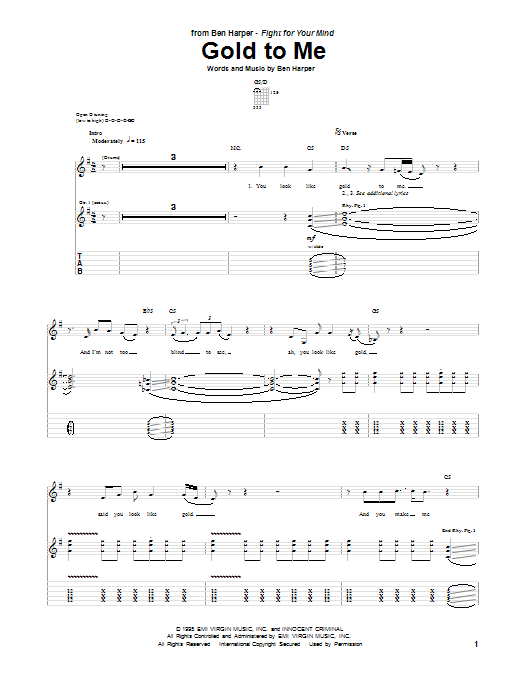 Ben Harper Gold To Me Sheet Music Notes & Chords for Guitar Tab - Download or Print PDF