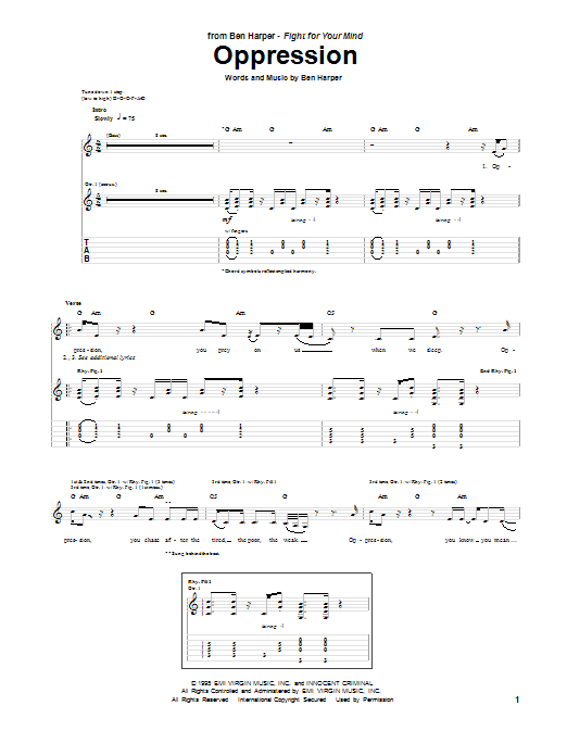 Ben Harper Oppression Sheet Music Notes & Chords for Guitar Tab - Download or Print PDF