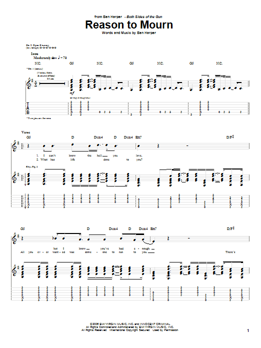 Ben Harper Reason To Mourn Sheet Music Notes & Chords for Guitar Tab - Download or Print PDF