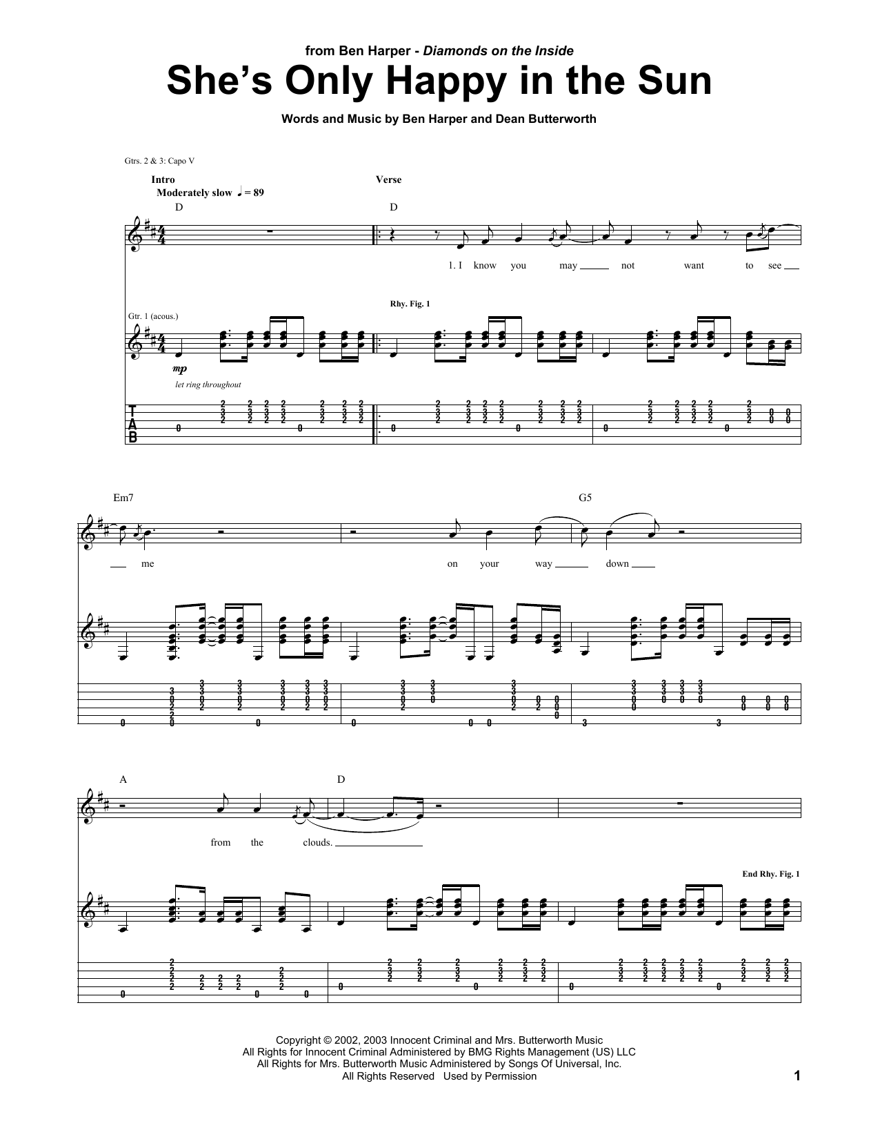 Ben Harper She's Only Happy In The Sun Sheet Music Notes & Chords for Guitar Tab - Download or Print PDF