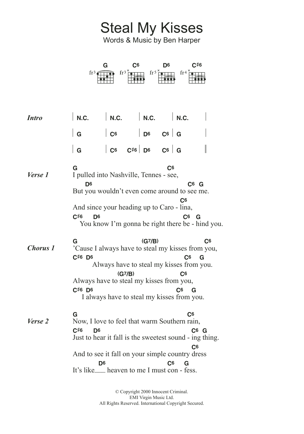 Ben Harper Steal My Kisses Sheet Music Notes & Chords for Lyrics & Chords - Download or Print PDF