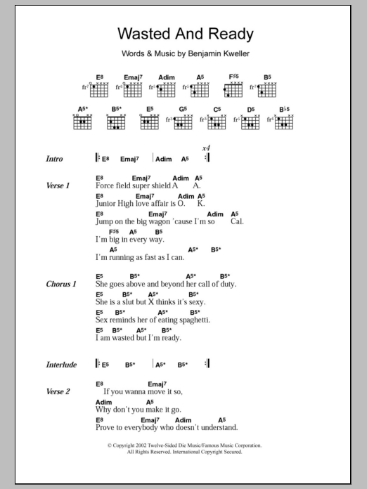 Ben Kweller Wasted And Ready Sheet Music Notes & Chords for Lyrics & Chords - Download or Print PDF