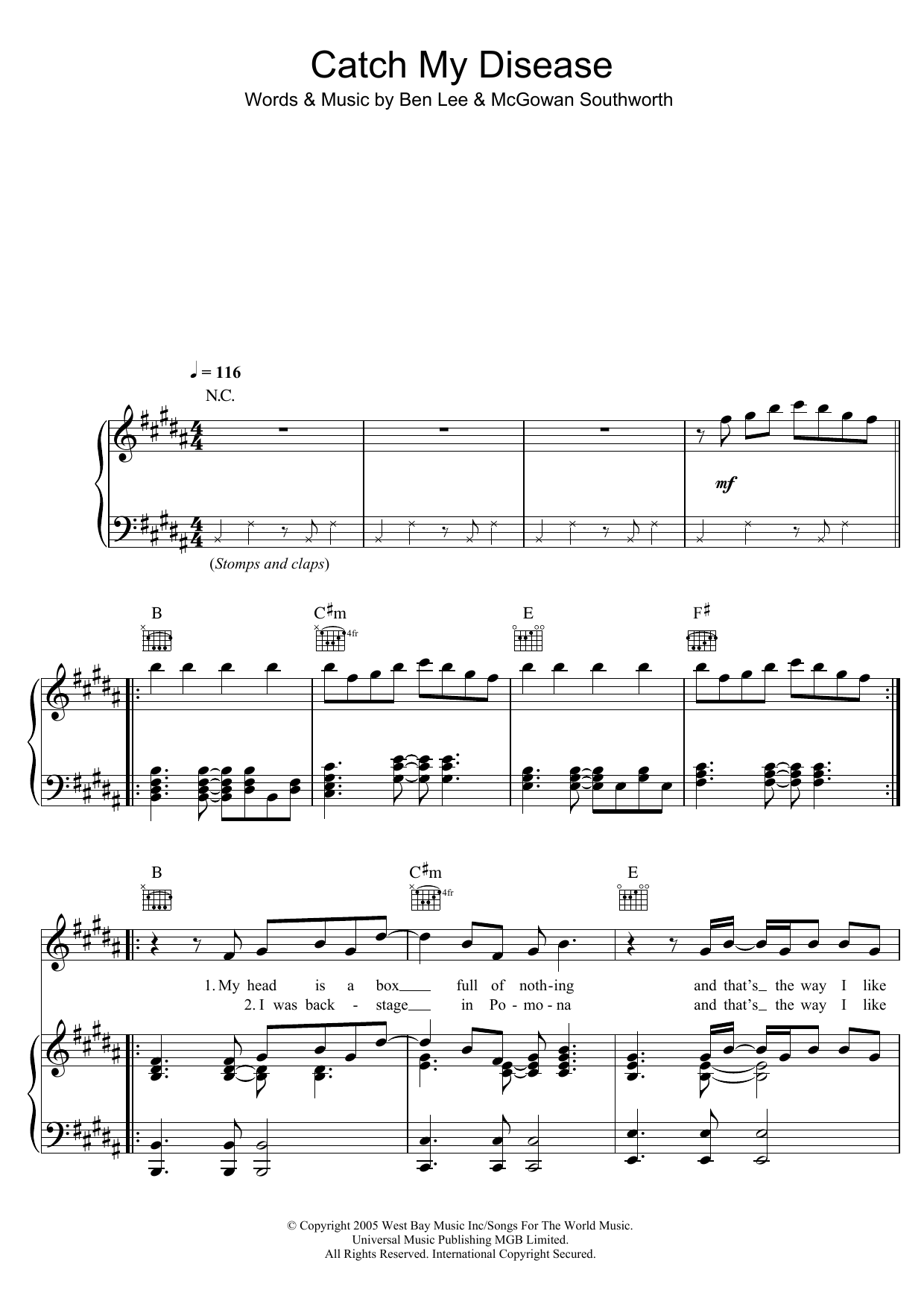 Ben Lee Catch My Disease Sheet Music Notes & Chords for Piano, Vocal & Guitar (Right-Hand Melody) - Download or Print PDF