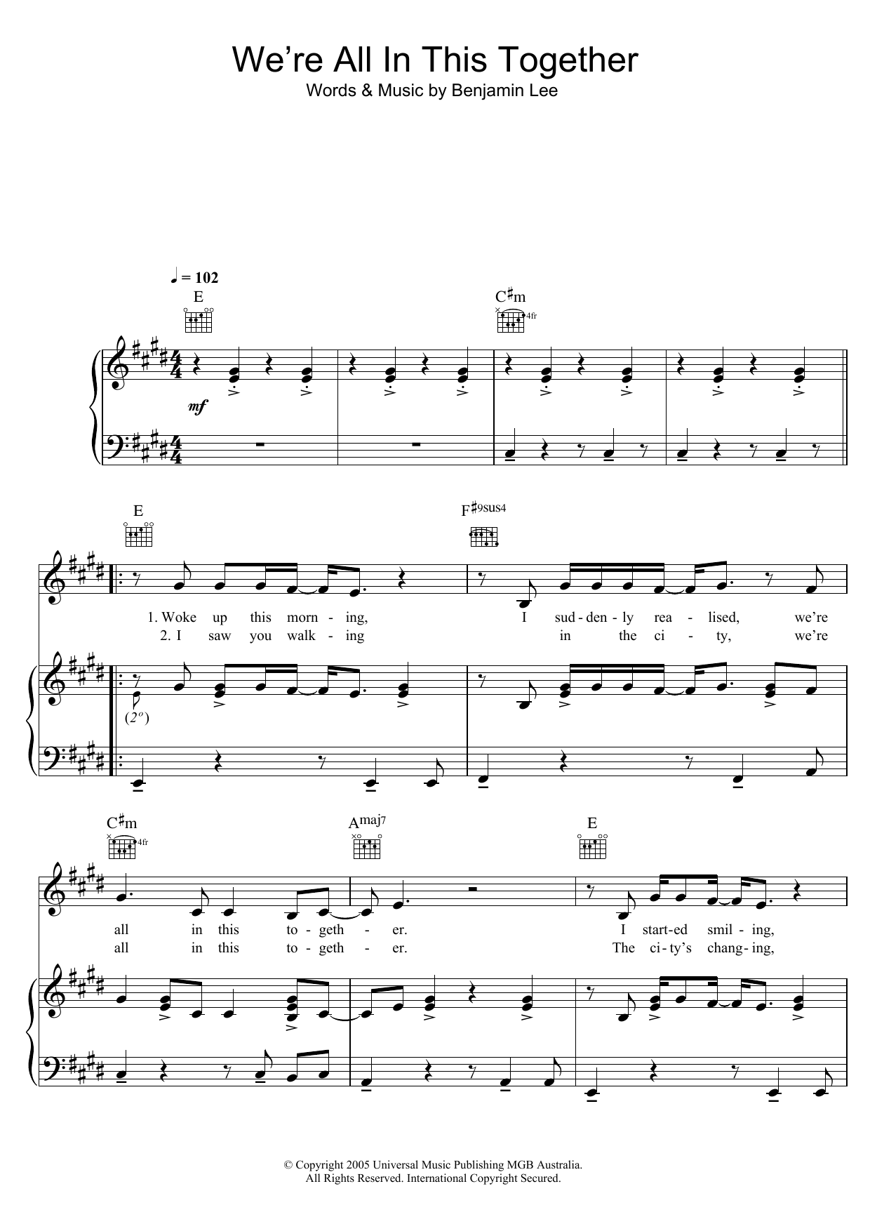 Ben Lee We're All In This Together Sheet Music Notes & Chords for Piano, Vocal & Guitar (Right-Hand Melody) - Download or Print PDF