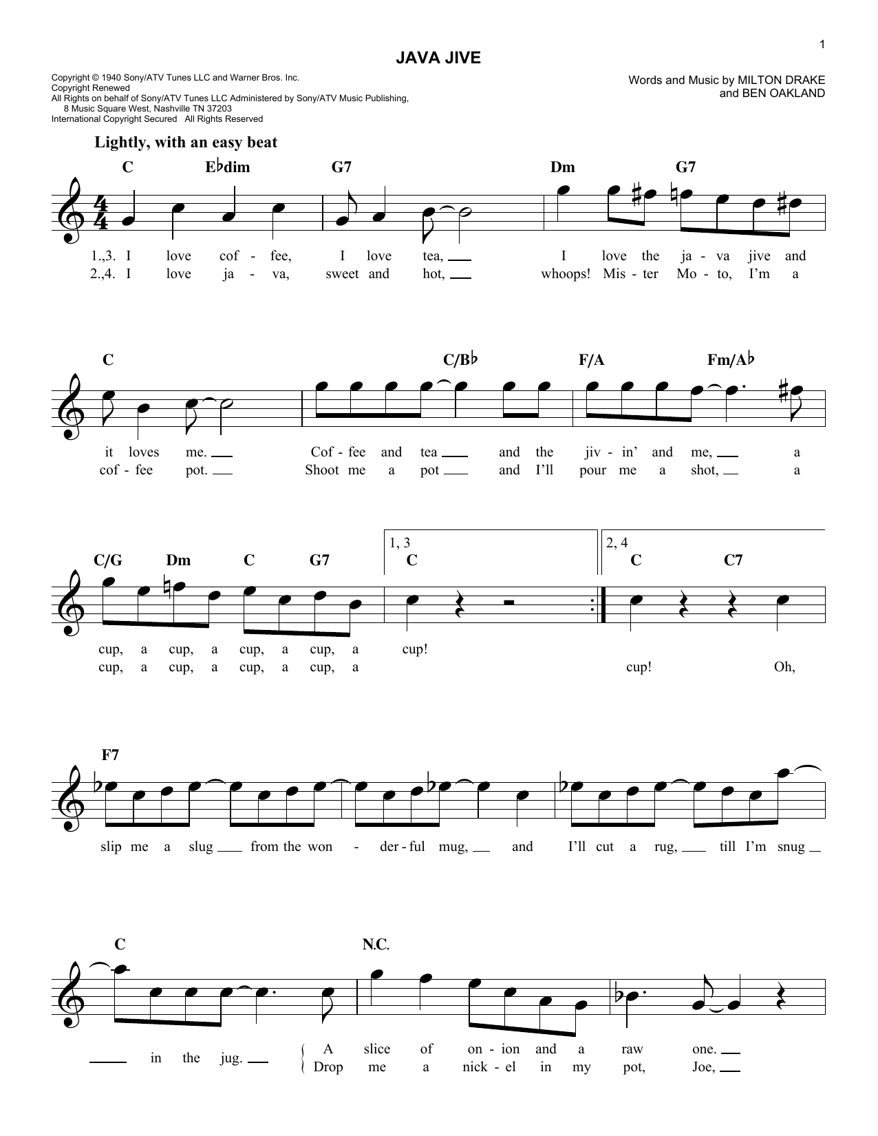 Ben Oakland Java Jive Sheet Music Notes & Chords for Melody Line, Lyrics & Chords - Download or Print PDF