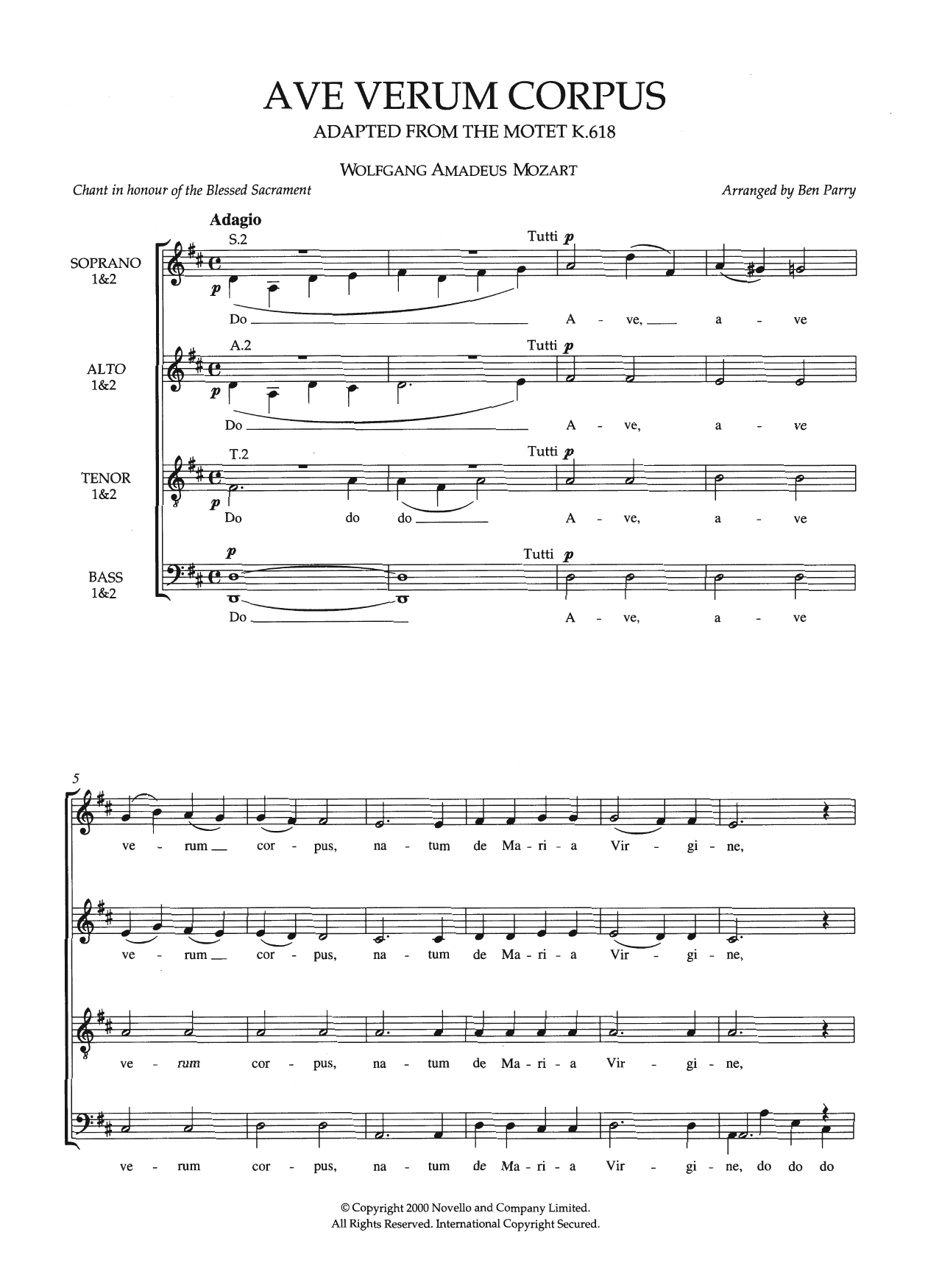 Ben Parry Ave Verum Corpus, K618 (arr. Ben Parry) Sheet Music Notes & Chords for Piano, Vocal & Guitar - Download or Print PDF